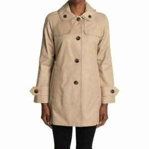 London Fog Stone Single-Breasted Hooded Raincoat Beige Women's Small NWT